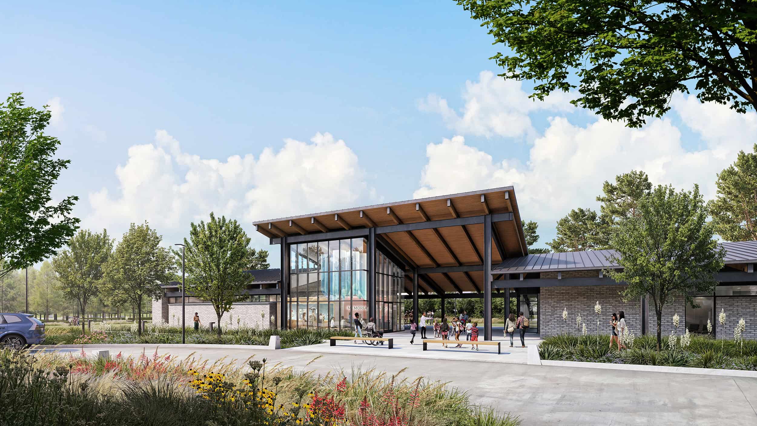 MPC-Memorial Groves Visitor Center, Entry View; Rendering Courtesy of Nelson Byrd Woltz Landscape Architects